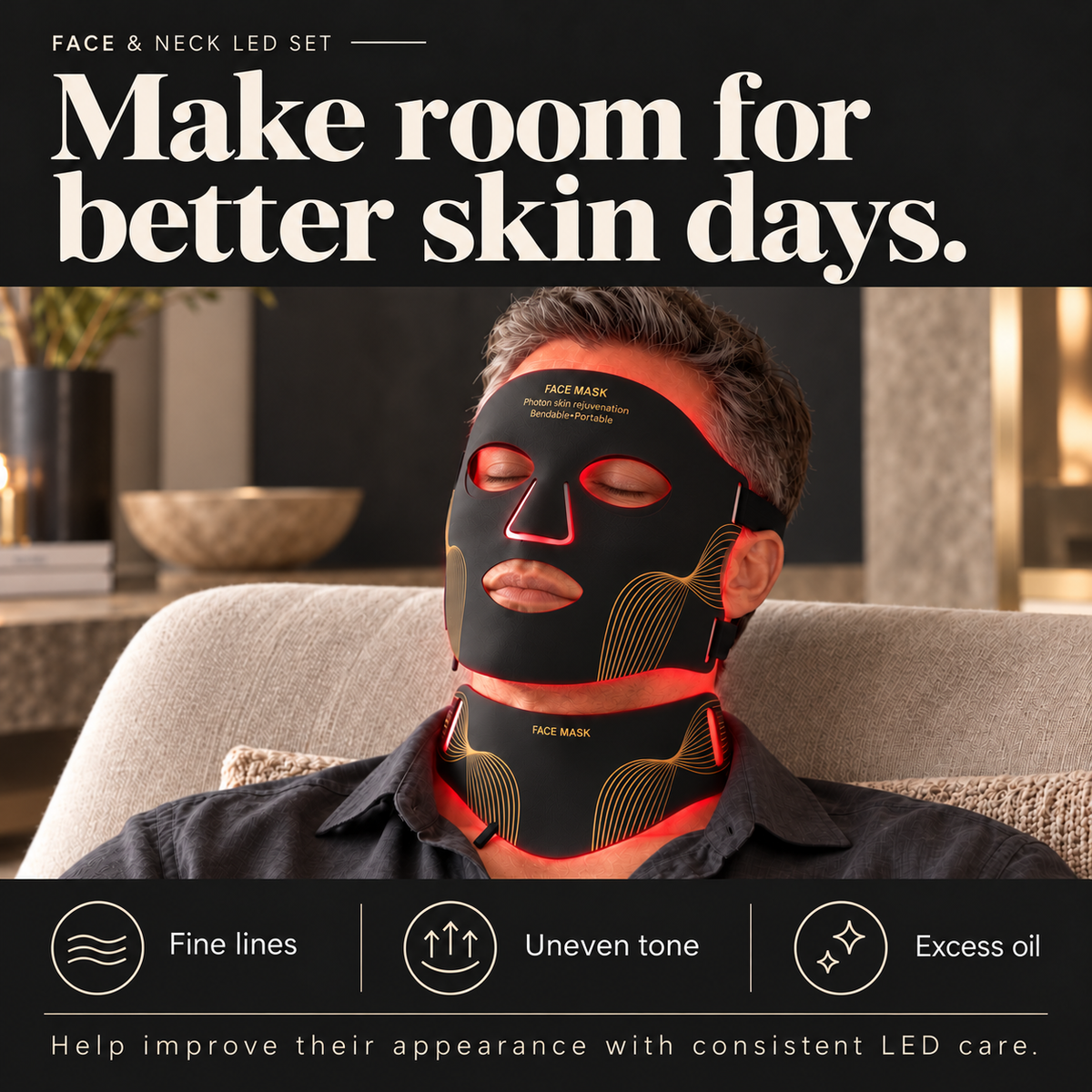 Man relaxing with eyes gently closed while the black and gold face-and-neck LED set emits red light. Fine lines, uneven tone and excess oil.