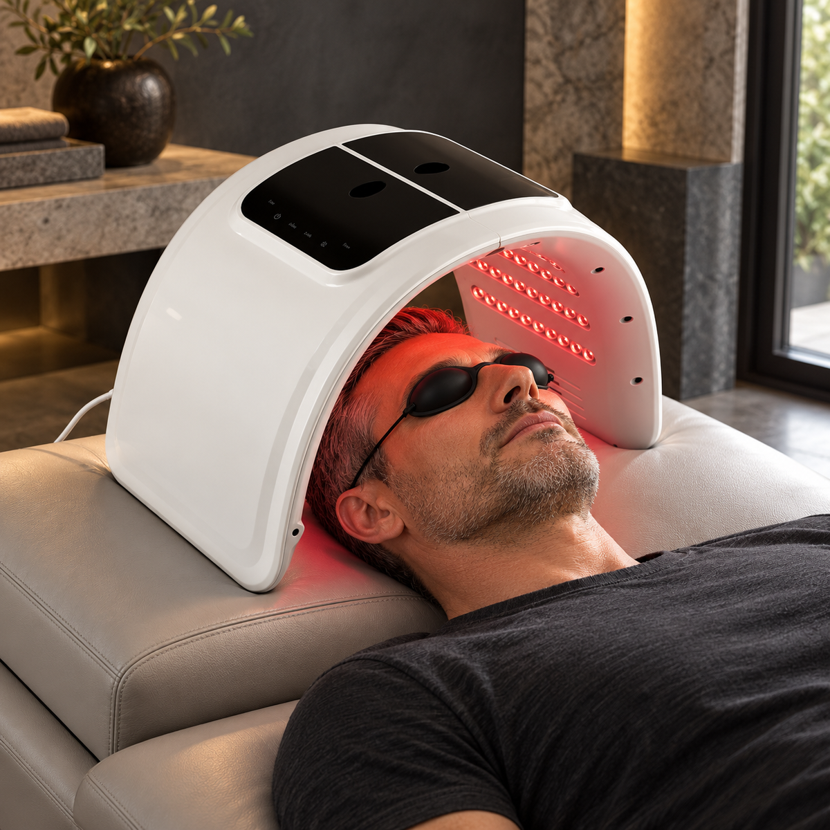 LED Facial Care Dome with Mist shown in a men's home recovery or grooming setting