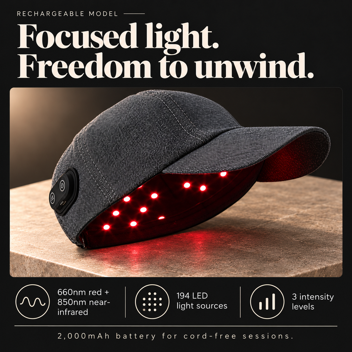 Rechargeable cap: 660nm red and 850nm near-infrared, 194 LED light sources, three intensity levels and 2000mAh battery.