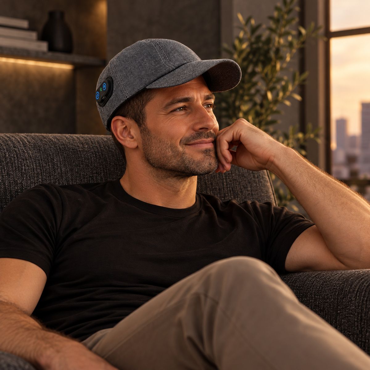 Man relaxing at home while wearing the grey rechargeable hair growth cap.
