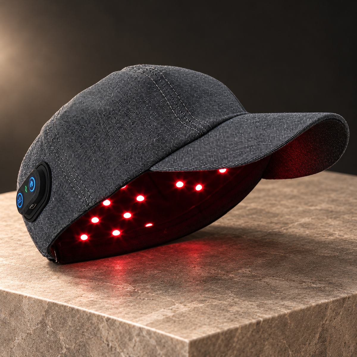 Grey rechargeable hair growth cap with its red inner LED array illuminated.