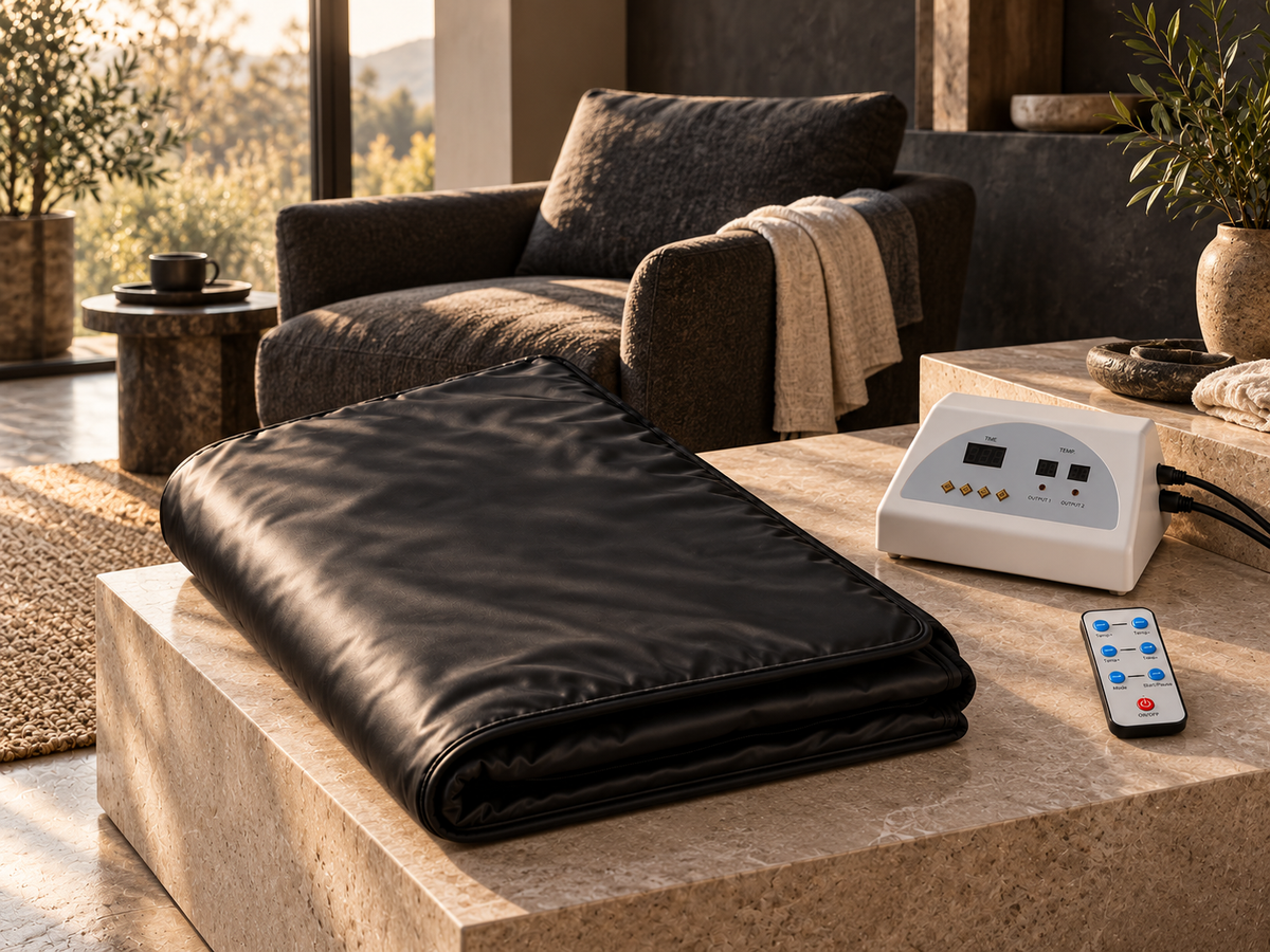 Infrared sauna blanket and controller in a quiet home recovery space