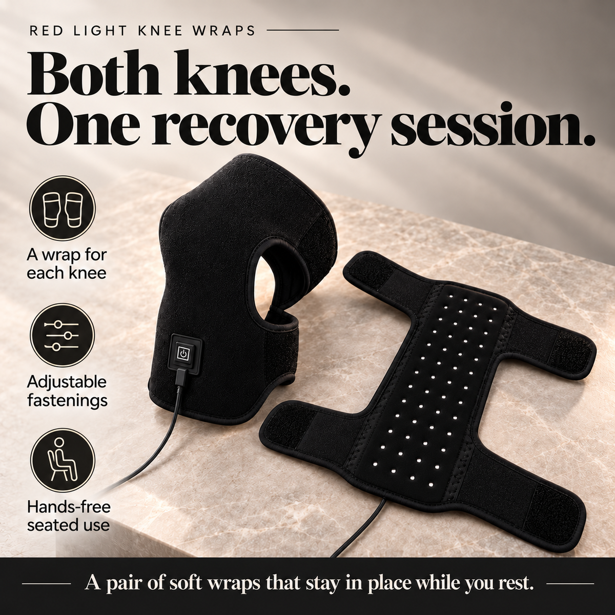 Both knees. One recovery session. A wrap for each knee. Adjustable fastenings. Hands-free seated use