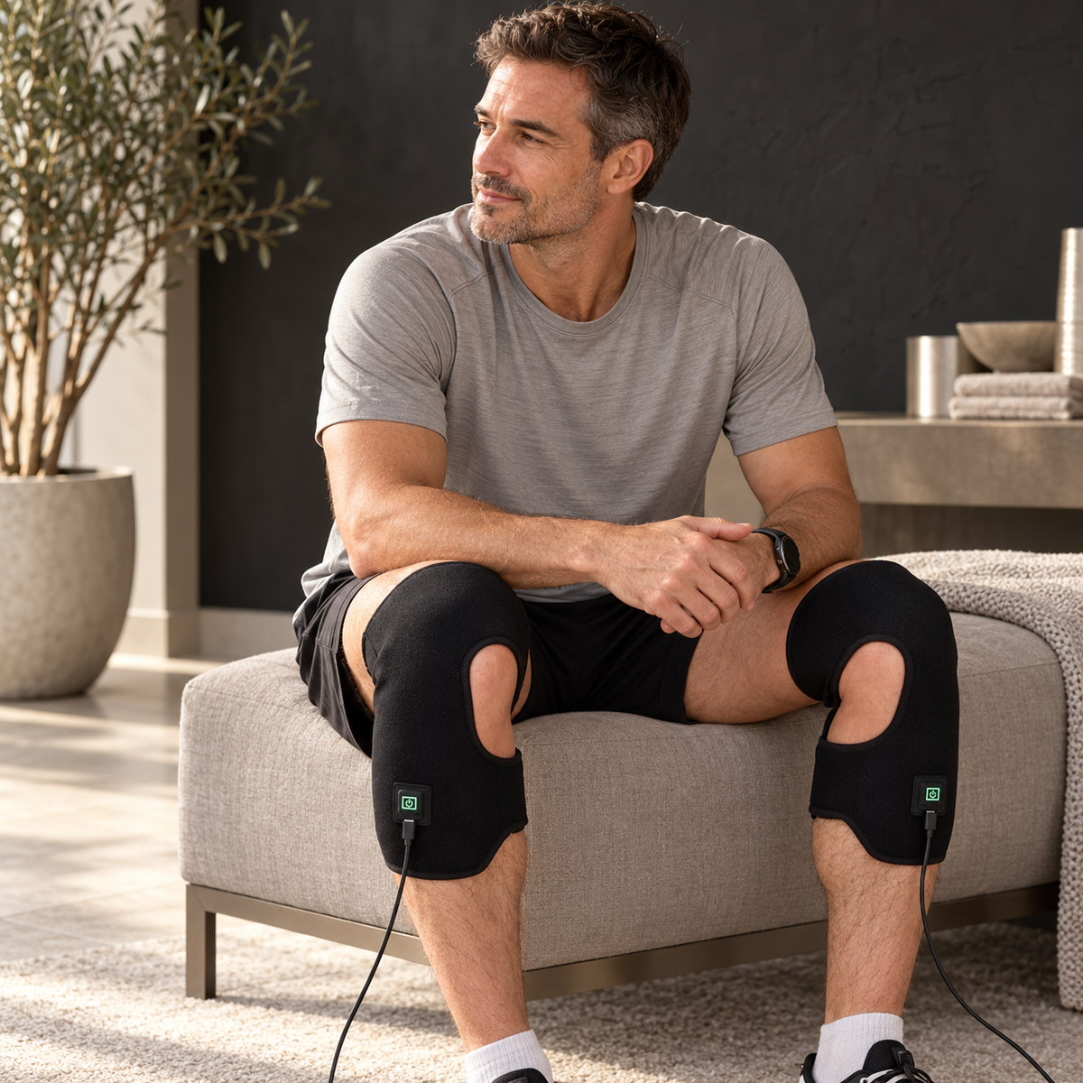 Red Light Therapy Knee Wraps | Pair shown in a men's home recovery or grooming setting