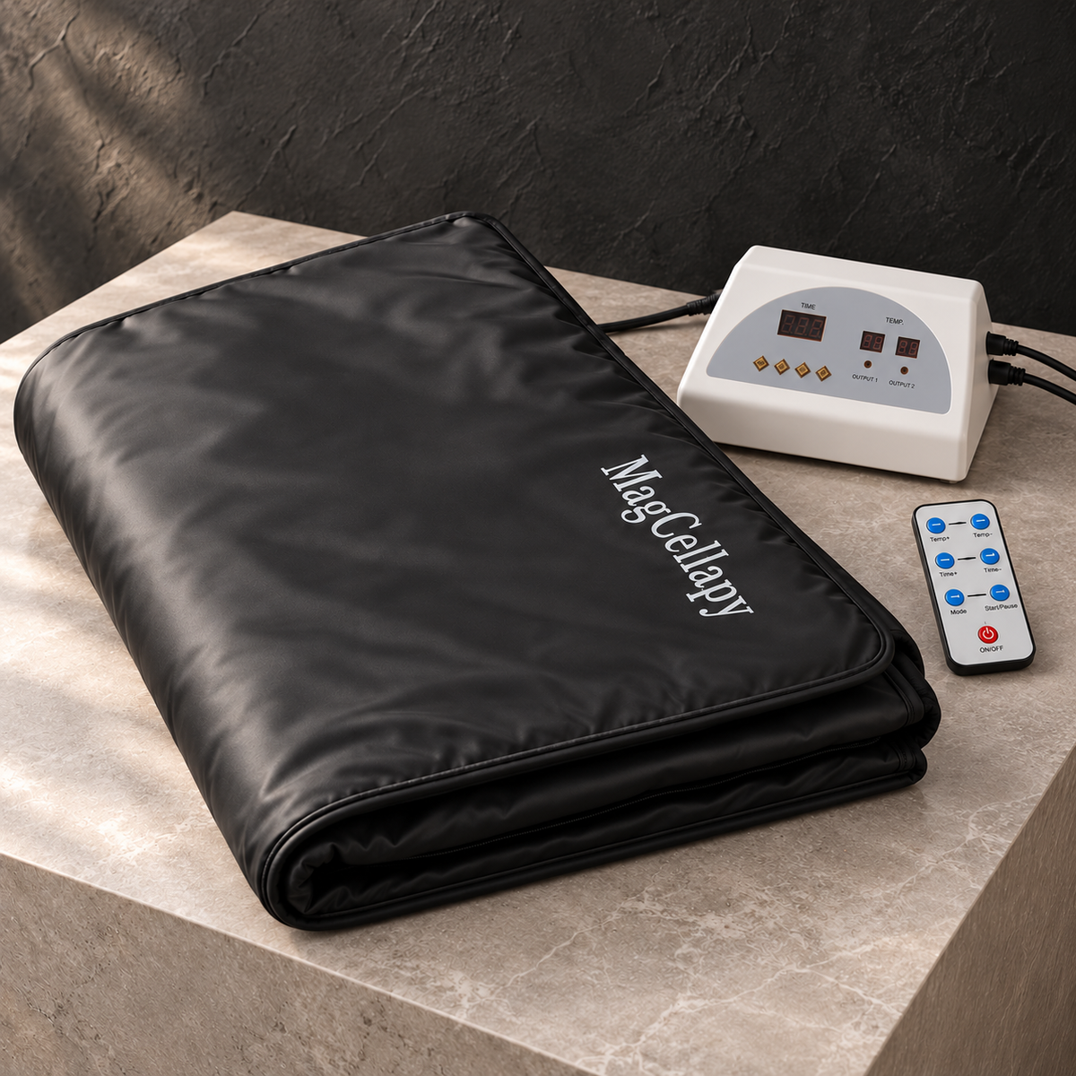 Infrared Sauna Blanket with UK Plug on a charcoal and platinum studio set