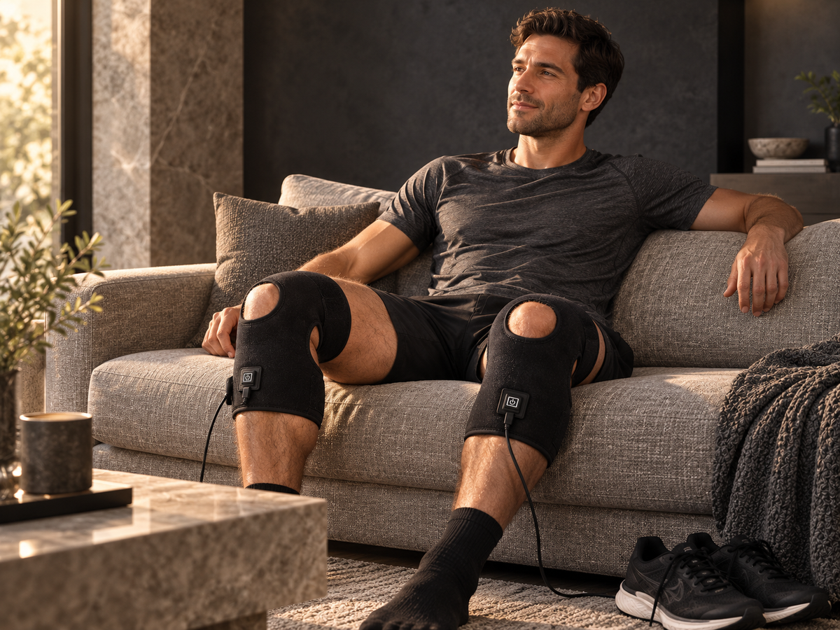 Man relaxing at home with red light knee wraps after training