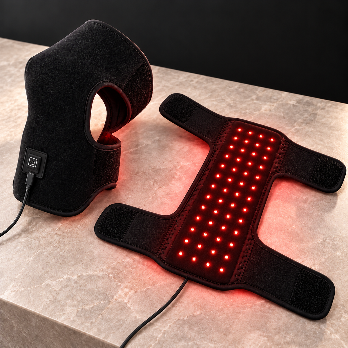 Pair of black knee wraps with the inner red LED lights illuminated on warm stone.