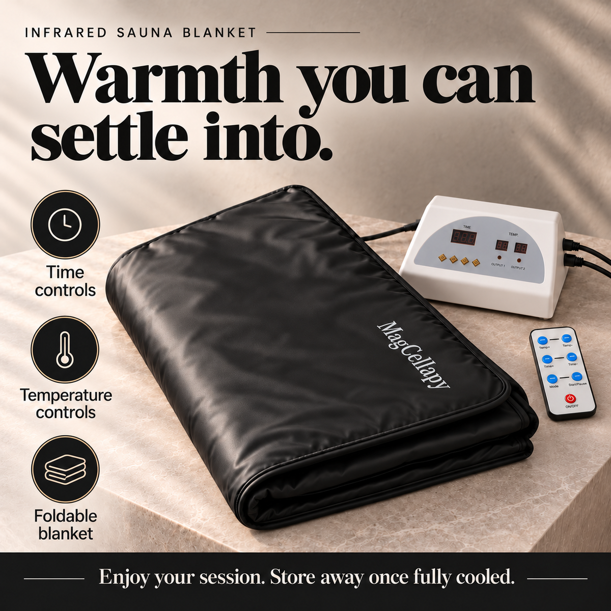 Warmth you can settle into. Time controls. Temperature controls. Foldable blanket