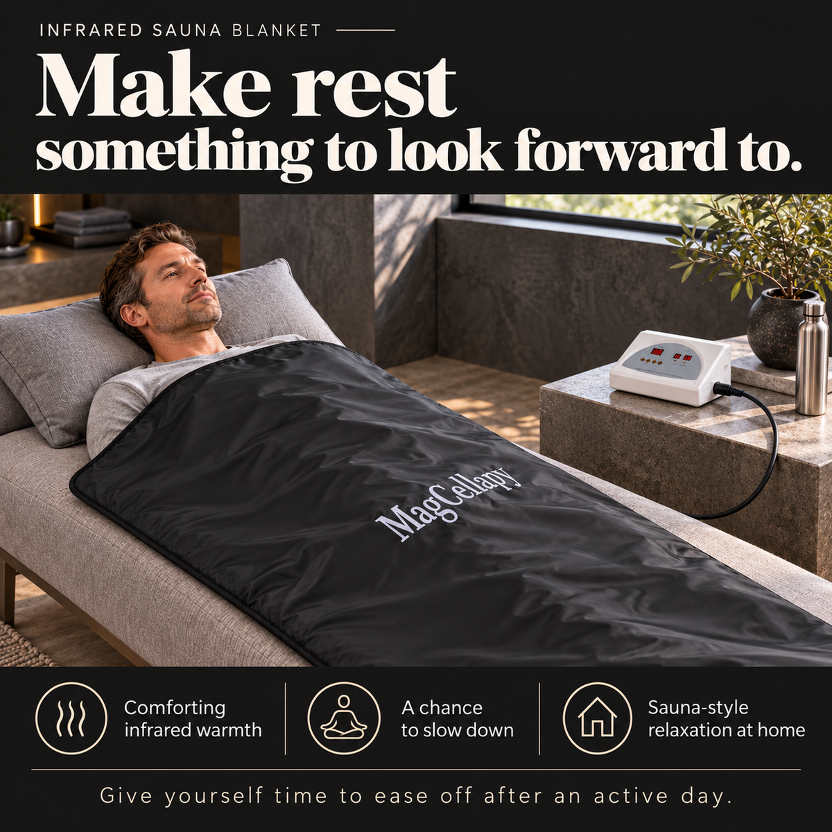 Make rest something to look forward to. Comforting infrared warmth. A chance to slow down. Sauna-style relaxation at home