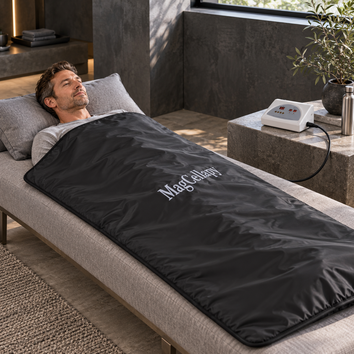 Infrared Sauna Blanket with UK Plug shown in a men's home recovery or grooming setting